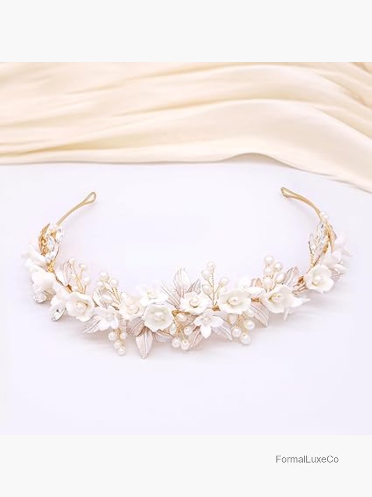 Gold Bridal Headband With Ceramic Flowers And Pearls For Wedding